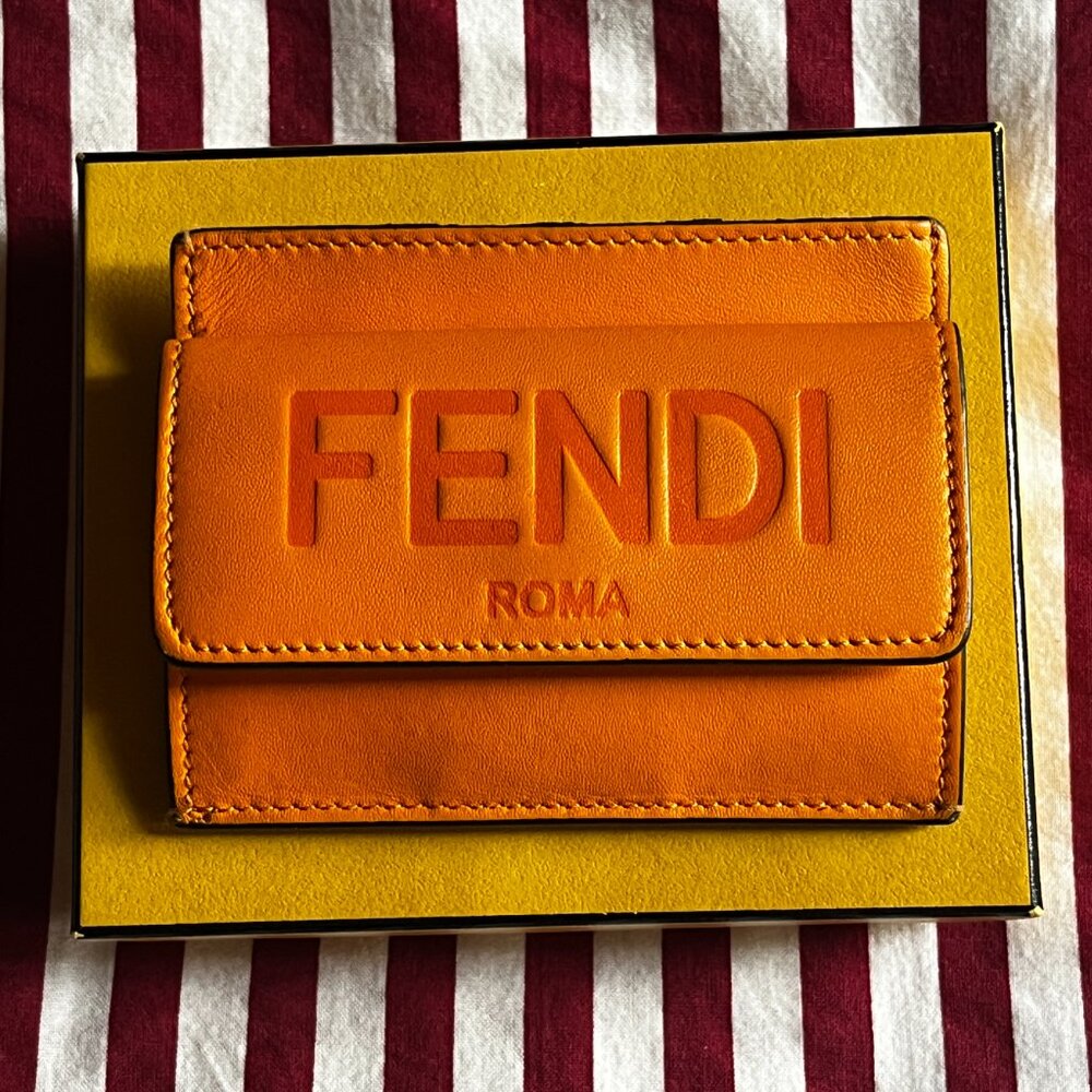 FENDI Roma Orange Leather Card Holder Wallet Logo Embossed Made in Italy With Bo